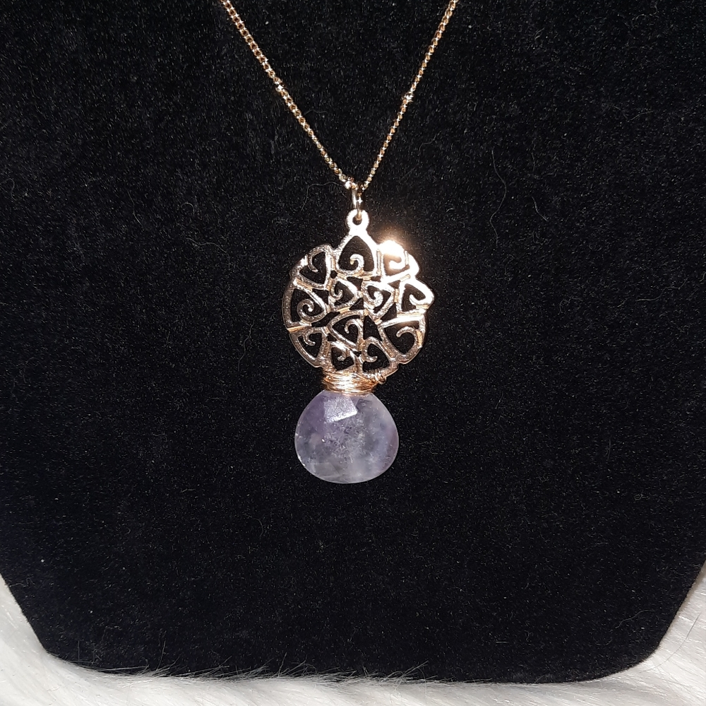 Goldtone amethyst wire wrapped boho necklace and filigree dainty pendant